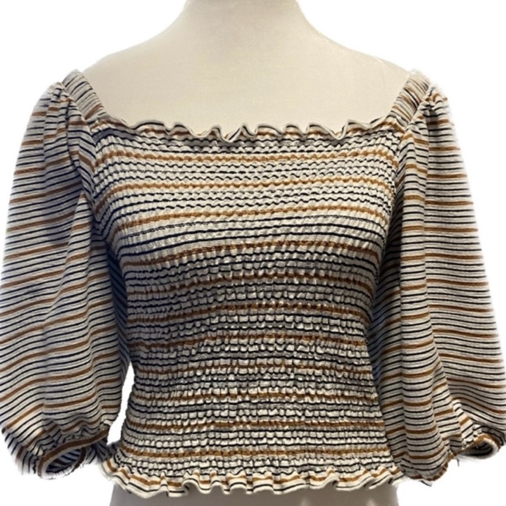 NWOT Ann Taylor LOFT Smocked Striped Puff Sleeve Top Size M Cream Gold Blue